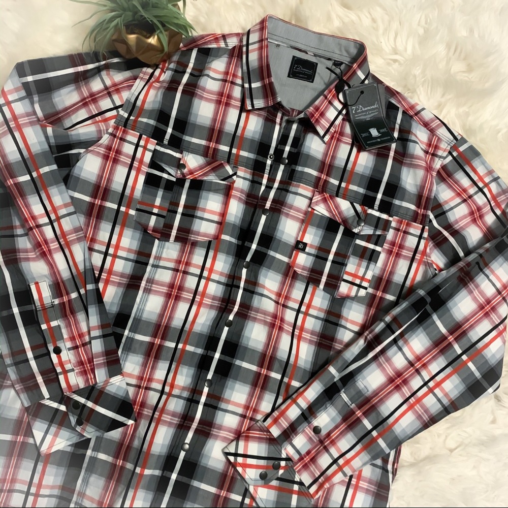 NWT 7 Diamonds Aces of Spades Plaid Button Down